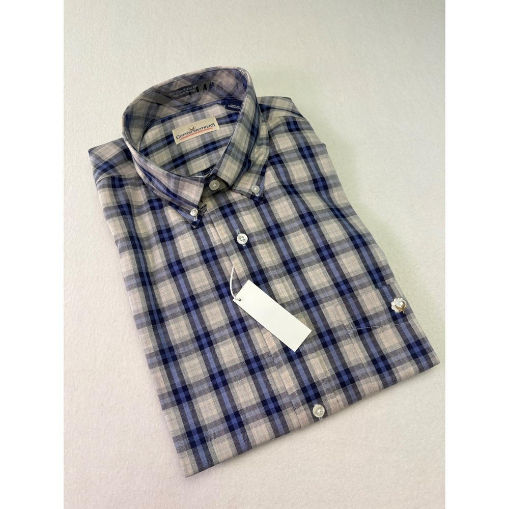 Cotton Brothers Button Down Shirt Mens L Blue Plaid New Wrinkle Free Long Sleeve